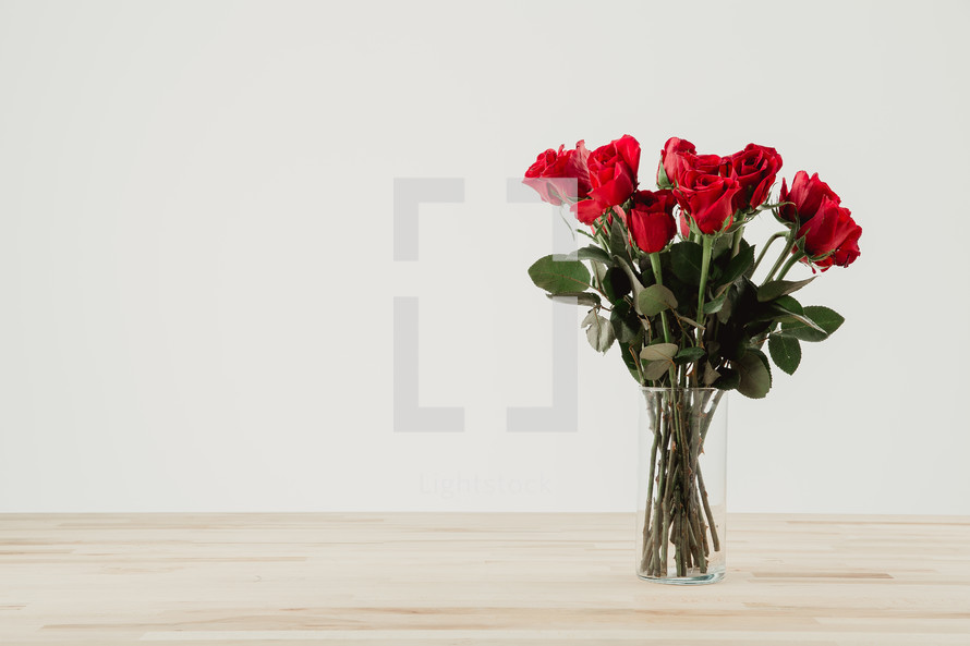 Red roses in a clear glass vase with a white background.