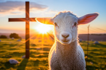 A lamb standing before the cross on Easter morning with sunrise