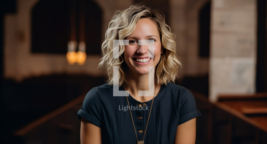 Portrait of a smiling happy young woman in her twenties with a church background