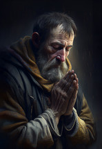 Oil painting of a old man in prayer 