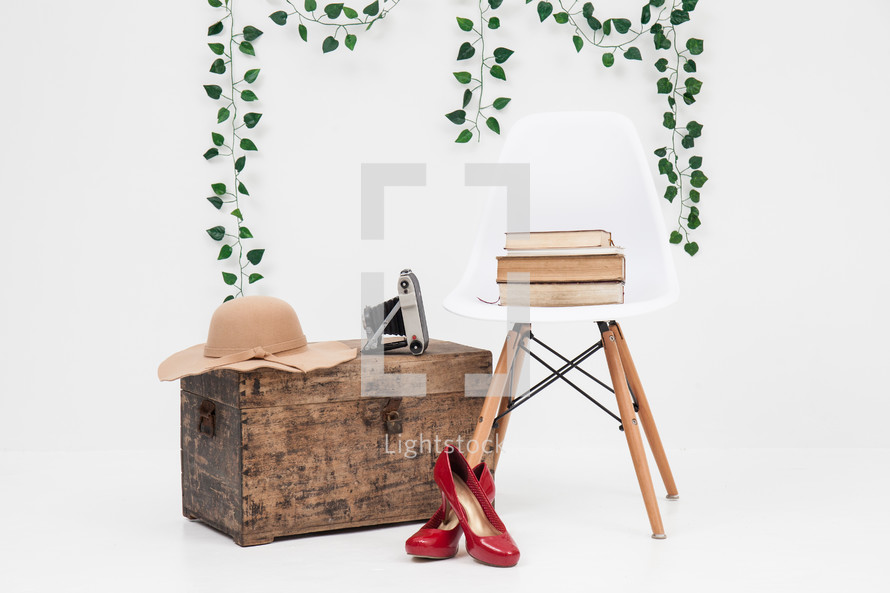 ivy, vines, trunk, sunhat, high heels, red, chair, books, camera, trip, travel, vacation 