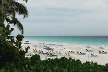 lounge chairs and beach umbrellas for a resort on a beach in the Bahamas 