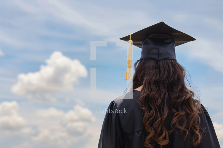 A female student in a cap and gown, blue sky with clouds in the background.