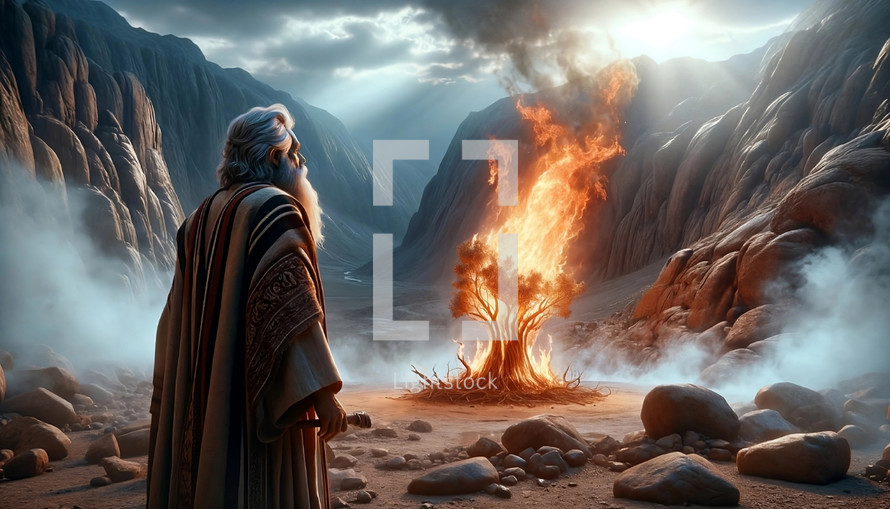 Moses standing by the burning bush