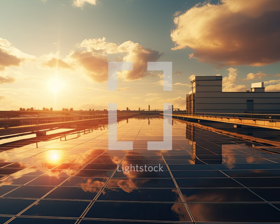 Solar panels and modern city at sunset. 3d render illustration.