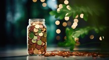 Coins in glass jar with bokeh background. Saving money concept.