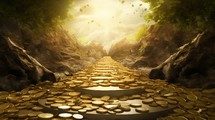 Golden coins on a path in the forest. 3D rendering.