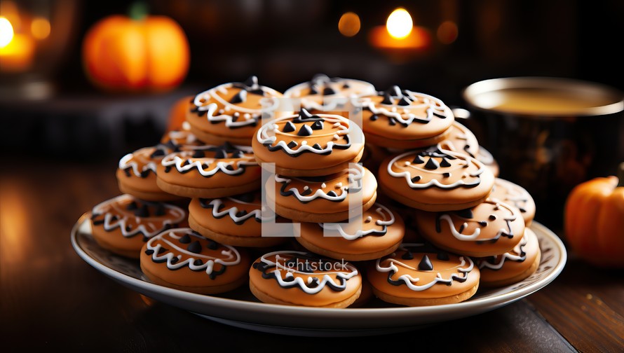 Halloween cookies on a plate on a wooden table