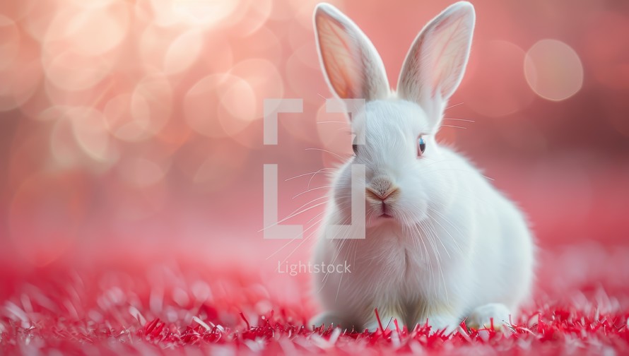 Cute white rabbit on red background with bokeh effect.