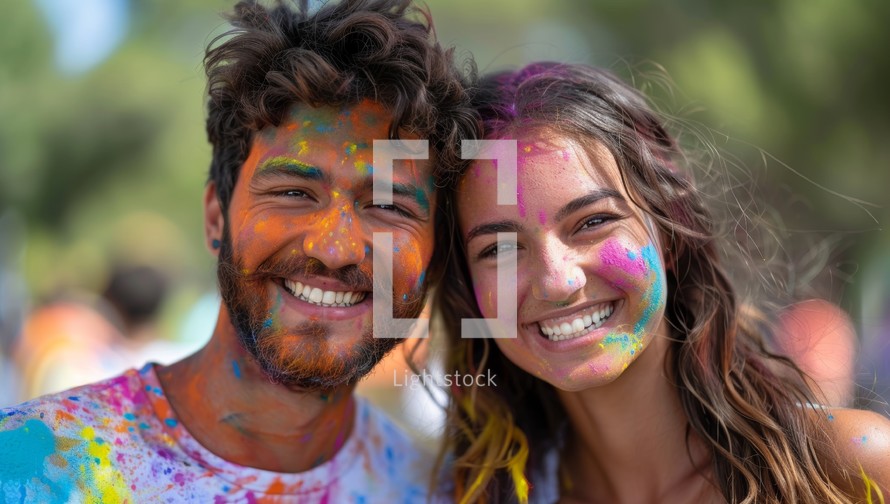Happy young couple covered in colorful powder paint at a Holi festival