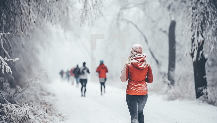 Woman running in winter forest. Female runner jogging in snowy forest.