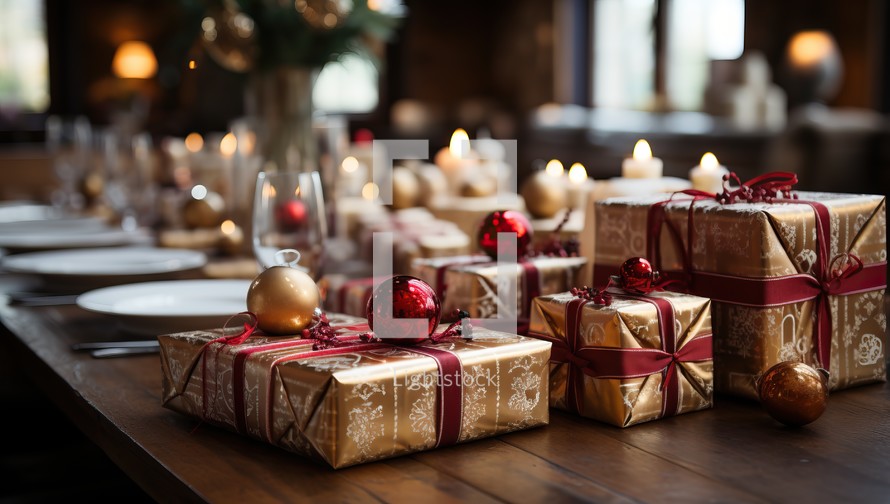 Christmas table setting with gift box and christmas ornaments,