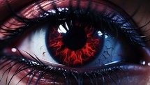Close-up of human eye with red glowing iris.