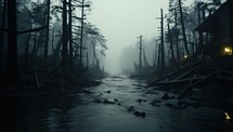 Foggy forest with a river in the foreground,