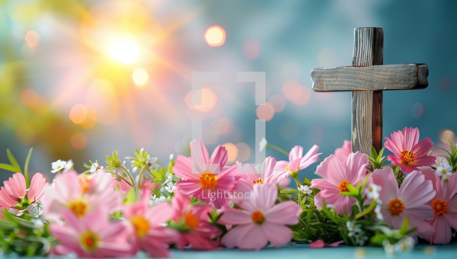 Wooden cross with flowers and bokeh on blue background.