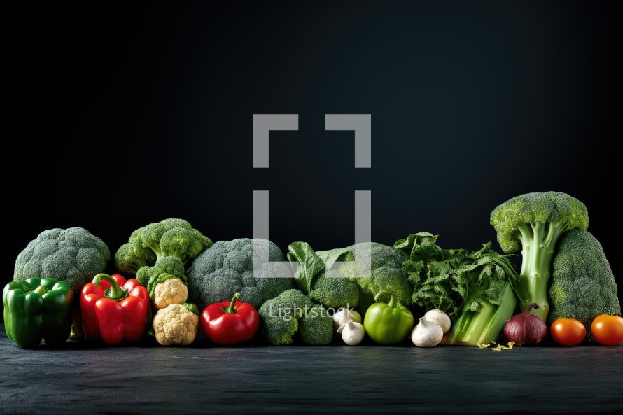Group of fresh vegetables on black background. Healthy food concept with copy space.