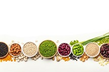 collection of various legumes in bowls on white background with copy space