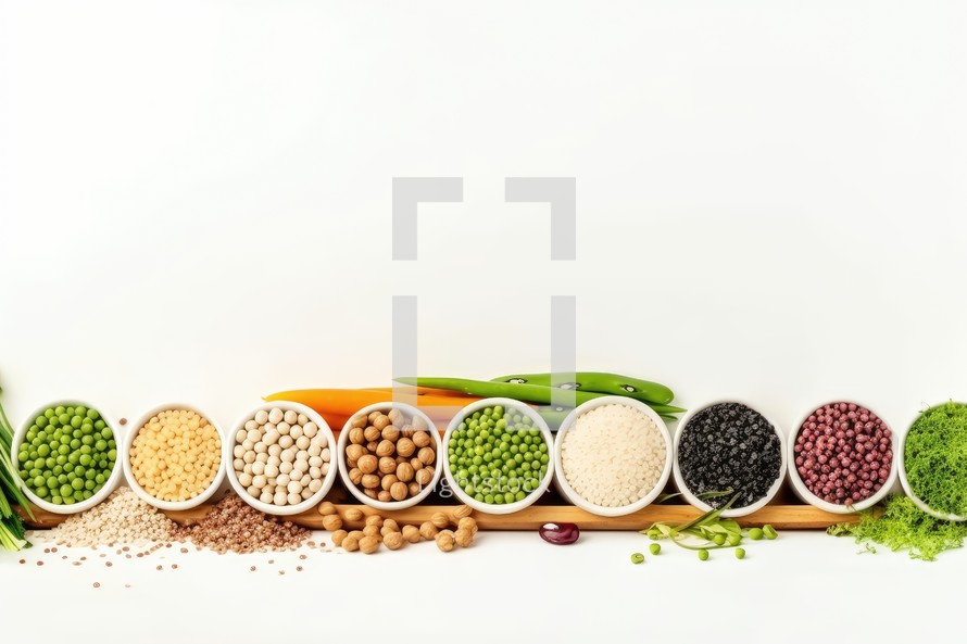 collection of beans and legumes in wooden spoons on white background