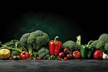 Composition with fresh vegetables on black background. Balanced diet concept.