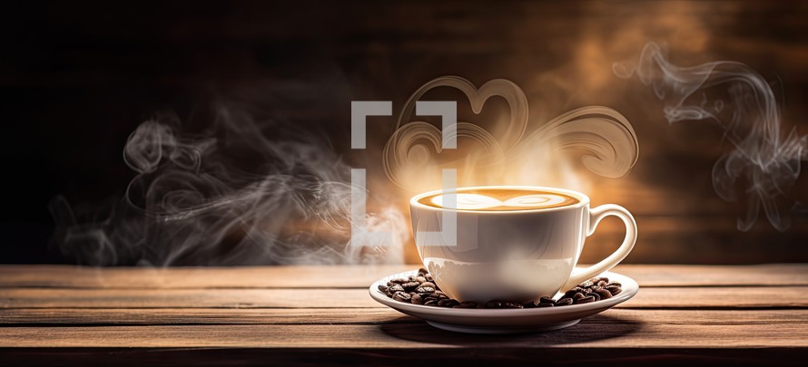 Coffee cup with steam on wooden table. Coffee background.