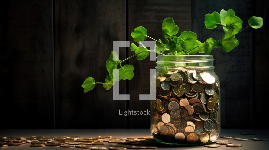 Green plant growing out of coins in a glass jar with copy space