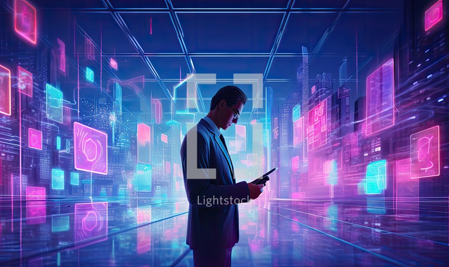 Businessman using tablet in futuristic server room with hologram screens. Toned image double exposure