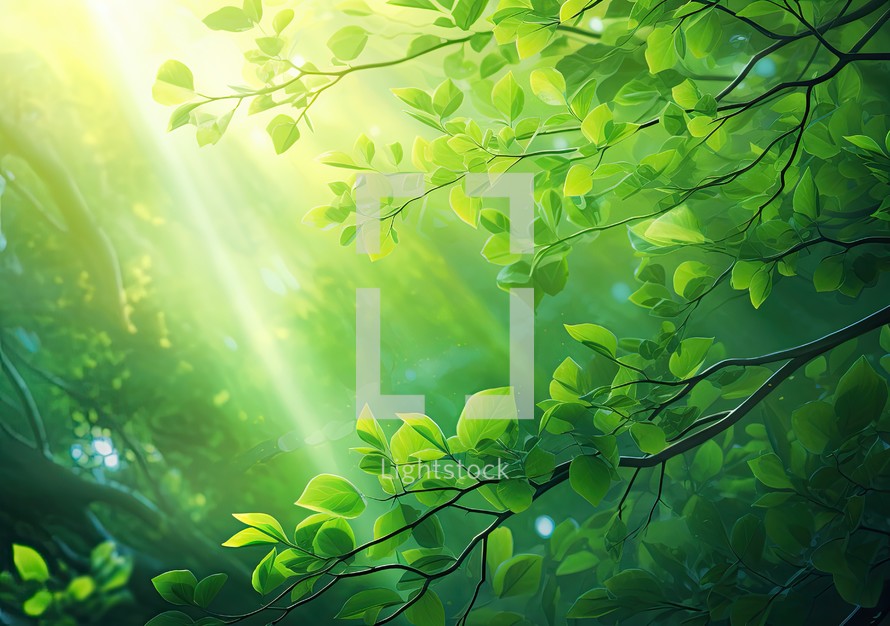 Fresh green leaves background with sunbeams and lens flare in forest