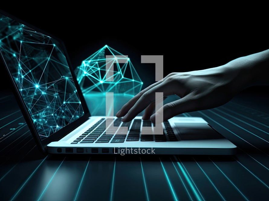 Hands on laptop keyboard and abstract polygonal background. 3D rendering