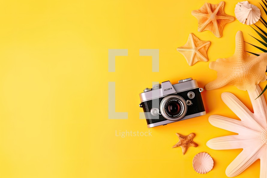 Vintage camera, seashells and starfish on yellow background