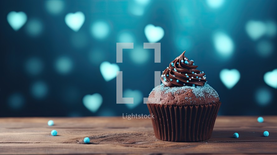 Chocolate cupcake on wooden table with hearts bokeh background