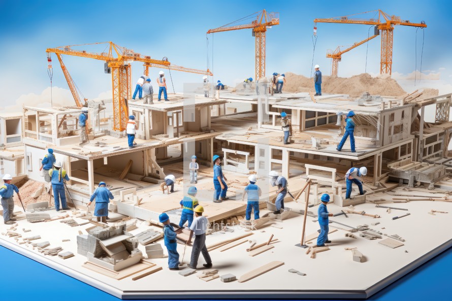 3d rendering of construction site with crane and workers on blue background
