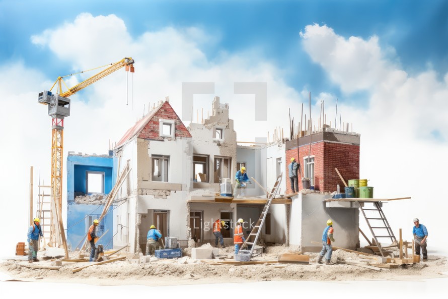 Construction of a new house. Construction workers on the background of the sky
