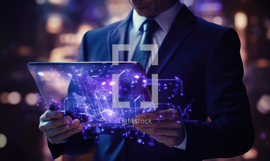 Close up of businessman holding tablet with glowing hologram. Future concept
