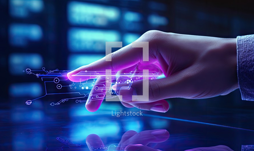 Close up of human hand touching icon on virtual screen. Technology concept