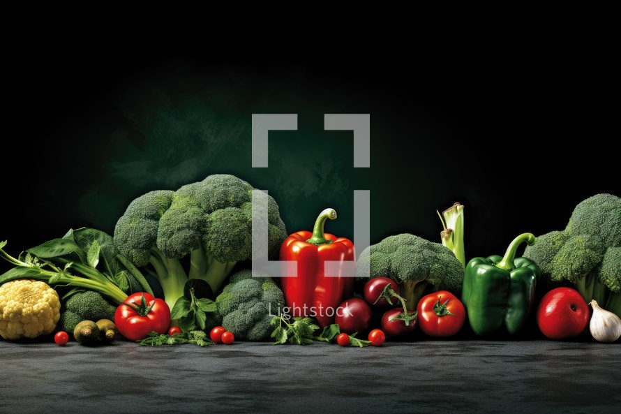 Composition with fresh vegetables on black background. Balanced diet concept.