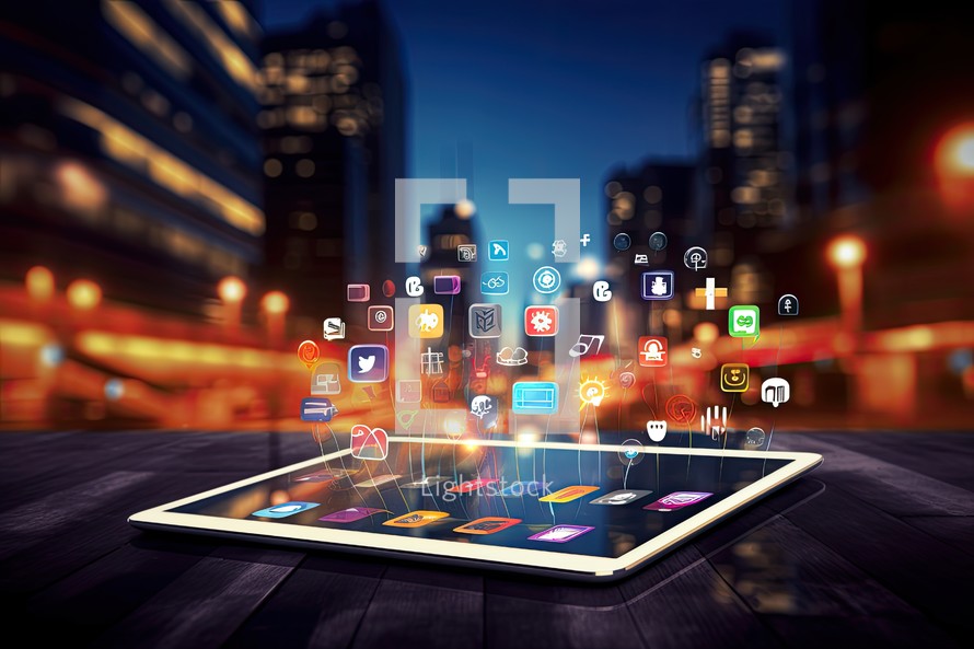 Tablet pc with colorful application icons on screen and modern city at background
