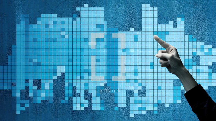 Close up of businessman hand pointing at business graph on blue wall background