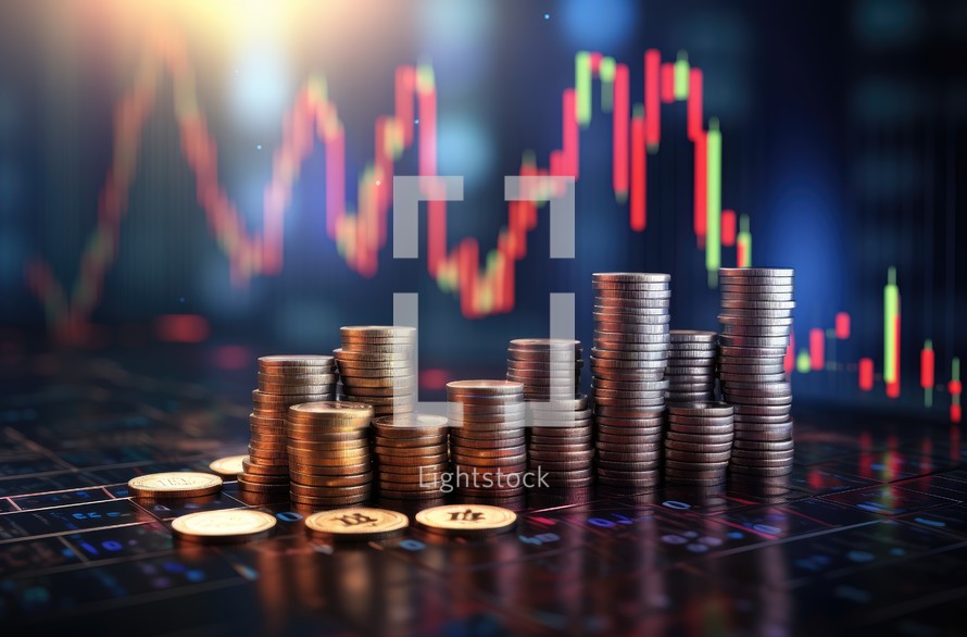 Stack of coins and graph stock market or forex trading graph and candlestick chart suitable for financial investment concept.