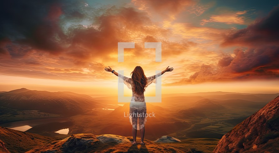 Happy young woman with raised hands standing on top of the mountain and looking at sunset