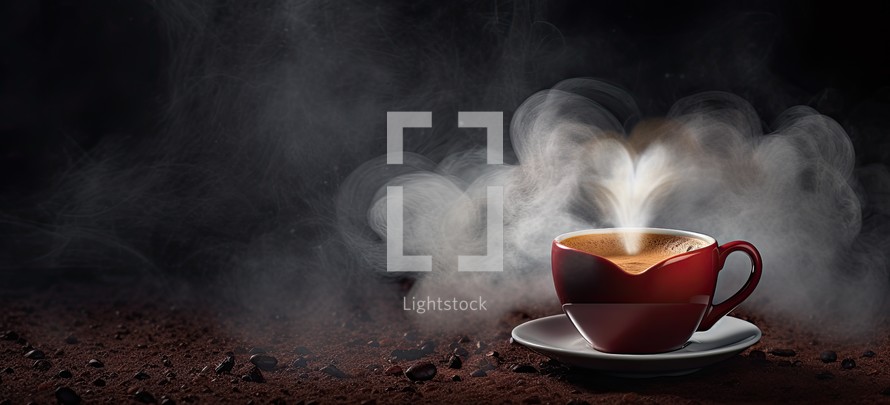 Coffee cup with steam on a dark background with copy space
