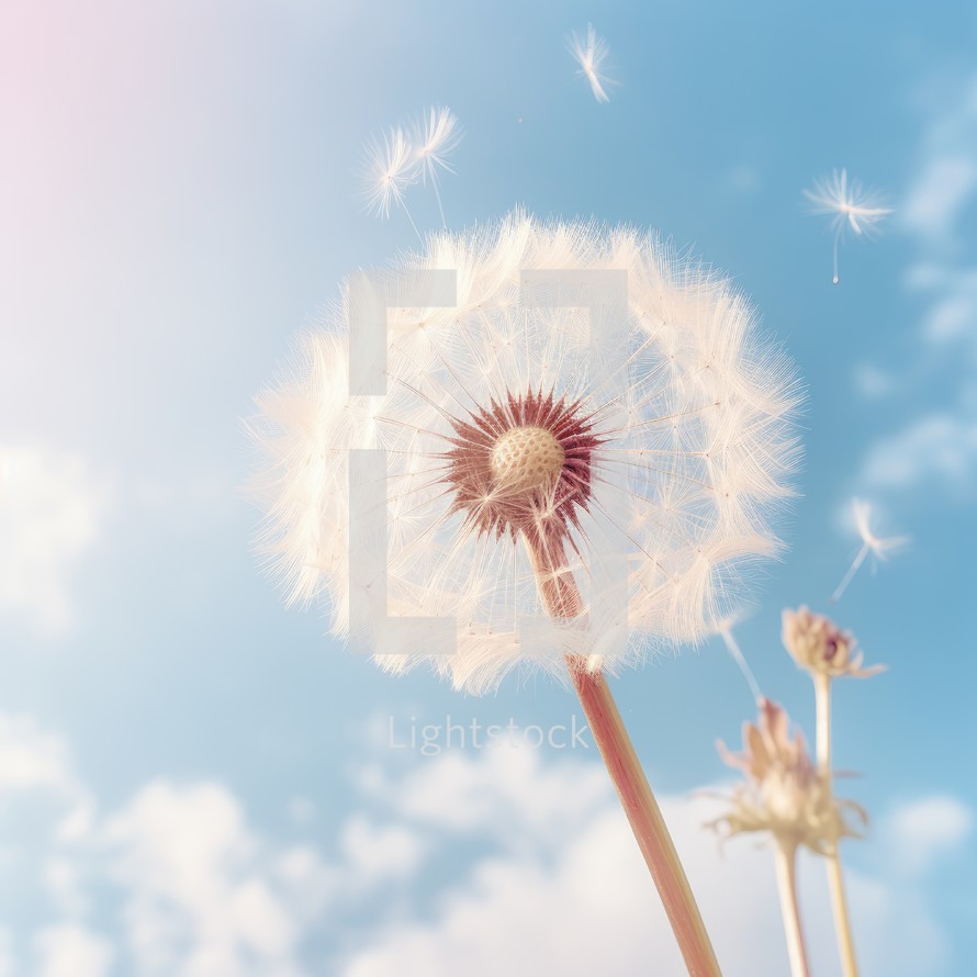 Dandelion flower on the background of the blue sky and clouds