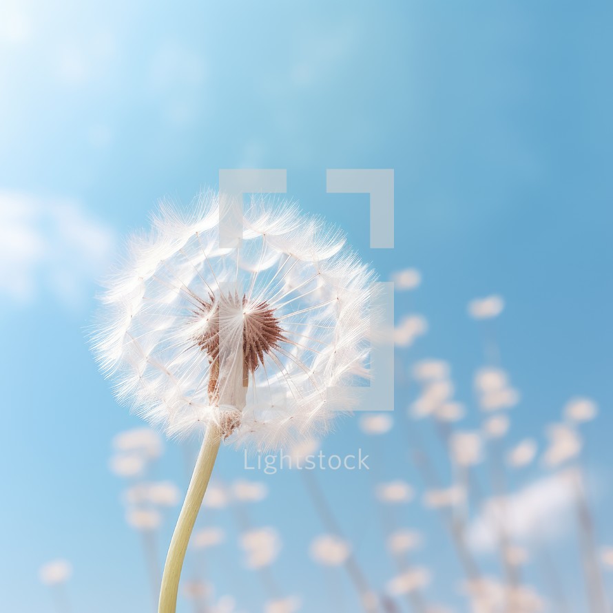 Dandelion with seeds on blue sky background. Copy space.