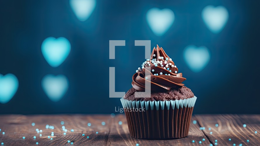Chocolate cupcake on wooden table with heart bokeh background