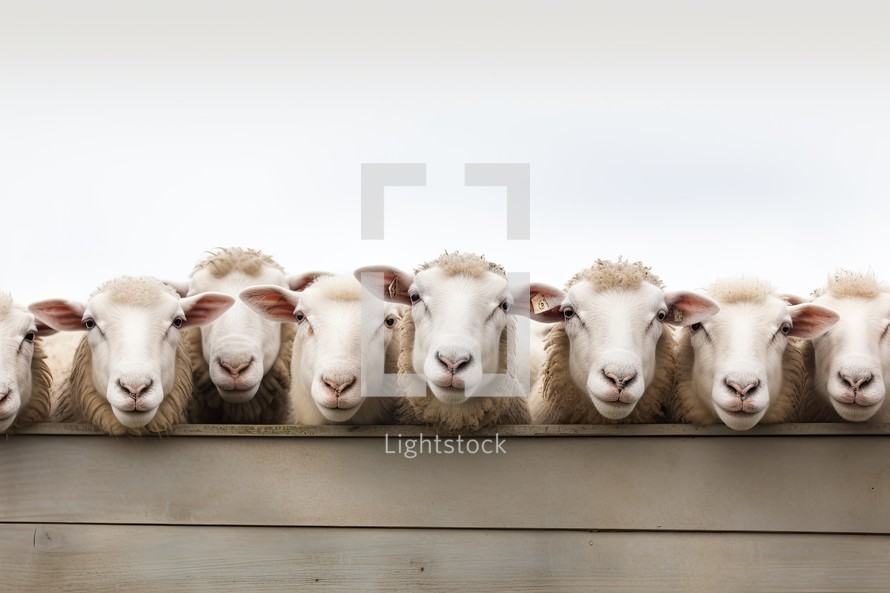 Sheep in a row on a white background with copy space.