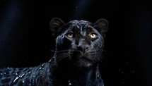 Portrait of a black panther on a black background with water drops