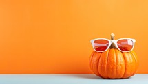 Halloween pumpkins with sunglasses on orange background. Copy space.