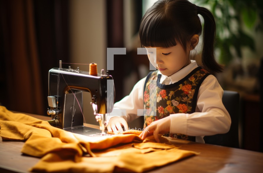 A close-up portrait of a 6-year-old girl from Taiwan sewing clothes with a needle and thread