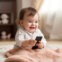 Cute baby playing with mobile phone on the floor in the room