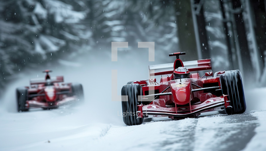  Red race cars driving on snowy forest road