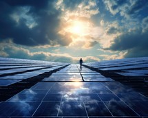 solar energy concept with man standing in front of photovoltaic panels